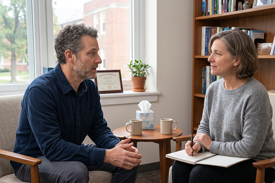 A male patient and female therapist discussing Neurofeedback for Anxiety in Phoenix, AZ during a clinical consultation session