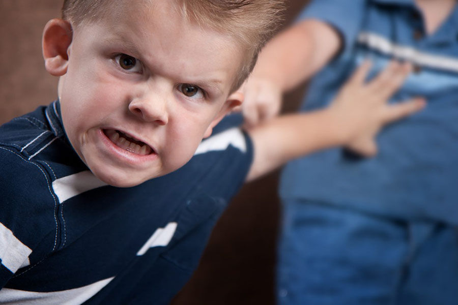 Child displaying aggressive behavior by pushing another child - Illustrating the effects of childhood trauma on interpersonal interactions.