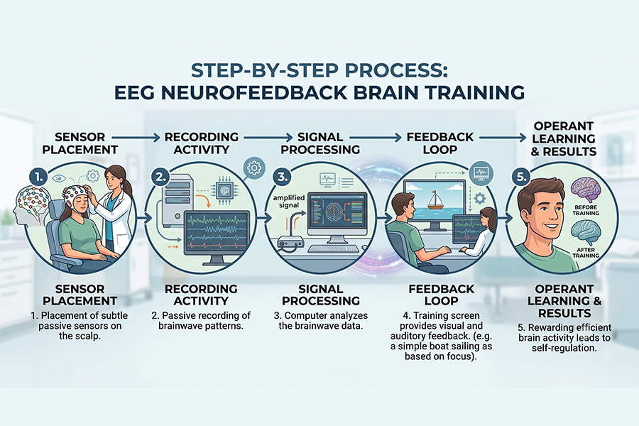 Step-by-step diagram showing how EEG neurofeedback brain training works Step-by-step diagram showing how EEG neurofeedback brain training works